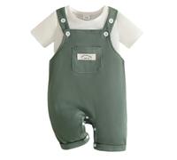 Eqenkely Ropa de Bebé Recién Nacidos Manga Corta a Rayas/Liso T-Shirt Top+ Pantalones Cortos con Tirantes 2 Piezas Verano Conjuntos Verde 6-12 Meses