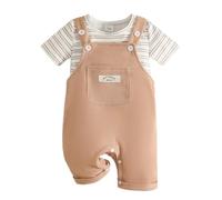 Eqenkely Ropa de Bebé Recién Nacidos Manga Corta a Rayas/Liso T-Shirt Top+ Pantalones Cortos con Tirantes 2 Piezas Verano Conjuntos Beis 18-24 Meses