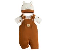 Eqenkely Ropa de Bebé Recién Nacidos Manga Corta a Rayas Mono Top+ Pantalones Cortos con Tirantes y Animales + Sombrero 3 Piezas Verano Conjuntos