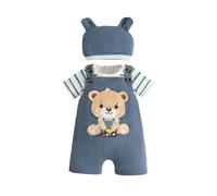Eqenkely Ropa de Bebé Recién Nacidos Manga Corta a Rayas Mono Top+ Pantalones Cortos con Tirantes y Animales + Sombrero 3 Piezas Verano Conjuntos Oso 0-3 Meses