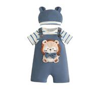 Eqenkely Ropa de Bebé Recién Nacidos Manga Corta a Rayas Mono Top+ Pantalones Cortos con Tirantes y Animales + Sombrero 3 Piezas Verano Conjuntos León 3-6 Meses