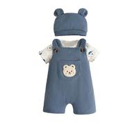 Eqenkely Ropa de Bebé Recién Nacidos Manga Corta a Rayas Mono Top+ Pantalones Cortos con Tirantes y Animales + Sombrero 3 Piezas Verano Conjuntos Azul 0-3 Meses