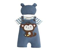 Eqenkely Ropa de Bebé Recién Nacidos Manga Corta a Rayas Mono Top+ Pantalones Cortos con Tirantes y Animales + Sombrero 3 Piezas Verano Conjuntos Mono 3-6 Meses