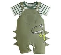 Eqenkely Ropa de Bebé Recién Nacidos Manga Corta a Rayas Mono Top+ Pantalones Cortos con Tirantes y Dinosaurio 2 Piezas Verano Conjuntos Verde 18-24 Meses