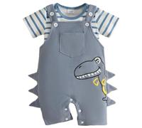 Eqenkely Ropa de Bebé Recién Nacidos Manga Corta a Rayas Mono Top+ Pantalones Cortos con Tirantes y Dinosaurio 2 Piezas Verano Conjuntos Azul 18-24 Meses