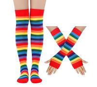 EQLEF Medias a Rayas Hasta Rodilla Para Mujer, Calcetines Altos Niña con Guantes Largos sin Dedos Niñas Disfraz Muslo Calcetines Altos para Navidad Halloween Carnaval Fiesta Temática (Colorido)