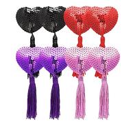EQLEF Pezones Pegatinas, Funda Pezón Autoadhesiva con Borlas Lentejuelas Sensuales Femeninas Reutilizables Lencería en Forma Corazón con Borlas Sujetador Femenino(Negro Rojo Rosa púrpura)