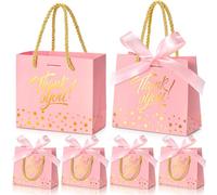 EQOREIIN Pequeñas bolsas de regalo de agradecimiento, 50 unidades de 5.5 x 2.5 x 4.7 pulgadas, pequeñas bolsas de regalo con asas, cinta de lazo, bolsas de papel rosa para recuerdos de fiesta, día de