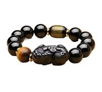 EQQHJL Pulsera de Riqueza de obsidiana Negra, Pulsera de obsidiana, Doble, Ojo Tigre Amarillo, Protege contra los Malos espíritus, pixiu(Single,12mm)
