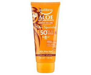 Equilibra Solari, Aloe Crema Solar Tattoo Specialist SPF 50+, crema solar tatuajes a base de aloe vera y vitamina E, para un bronceado saludable y natural de la piel tatuada, resistente al agua, 100