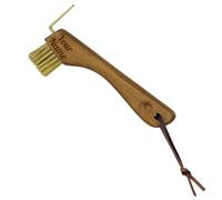 Equimour Rascador de pezuñas y cepillo para pezuñas, 2 en 1, de madera natural, con cerdas de latón resistentes y correa de piel vegana, para limpieza de pezuñas, cuidado de caballos, establos y
