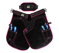 Equine Care Delantal para mujer de 23 pulgadas, negro con rosa, piel de vacuno y lona, 4 bolsillos para cuchillos de pezuña, 2 imanes, cintura ajustable de 28 a 52 pulgadas, soporte de espalda,