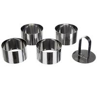 Equinox 508937 - Set de 4 moldes - Juego de 4 cortadores de Galletas Redondos, diam. 8 cm de Altura 4,5 cm en Acero Inoxidable + empujador de Acero Inoxidable - para emplatar con pulsador
