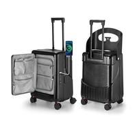 Equipaje de paseo con asiento plegable para niños y adultos con cinturón de seguridad, maleta rígida con bolsillo frontal, 4 ruedas giratorias con bloqueo, puerto USB, bloqueo TSA, 20 pulgadas, Negro