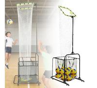 Equipo de entrenamiento de voleibol, red de práctica de voleibol con carrito portátil con ruedas, 2 aros de objetivo, tamaño 5, ángulo y altura ajustable, bolsa de recogida de pelotas para interiores