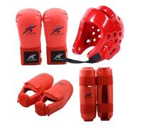 Equipo de Sparring, Karate Sparring Gear Protector de Poliéster Taekwondo Incluye 1 Casco, 1 Par de Guantes y Par de Protectores de Piernas, También para Ciclismo, Artes Marciales y más, Rojo, S