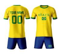 Equipos de fútbol de Brasil Retro Amarillo Azul - Camiseta y pantalones cortos para hombres, adultos y niños - Chándales de la bandera del país de Brasil - Nombre del equipo personalizado con logotipo