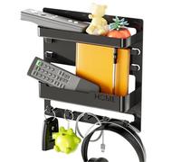 equlup Organizador de estantes de Montaje en Pared, Autoadhesivo en Dormitorio, Almacenamiento Junto a la Cama con Ganchos, 24x23x5,4 cm/9,4x9,1x2,1 Pulgadas, Soporte de plástico para (Negra)
