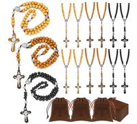 Equsion Juego de 12 collares de rosario de cuentas de madera, rosario católico, cuentas sólidas talladas en madera con cruz de Jesús nuestro padre con bolsa de regalo de terciopelo, regalos católicos