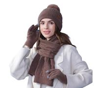 EQWIGKEIT Juego de gorro y bufanda para mujer, cálido, térmico, 3 en 1, de punto, monocolor, juego de invierno, gorro de invierno, bufanda de punto, guantes para exteriores y uso diario, A2 Coffee