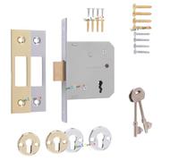 ERA - Cerradura mortaja de 3 palancas de 64 mm, cerradura de seguridad para puertas internas, cobertizos y dependencias, acabado de latón o cromo, incluye 2 llaves, escudos y tornillos de fijación