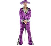 EraSpooky Disfraz de proxeneta para hombre en color morado con estampado de leopardo Traje retro de fiesta de los años 70s