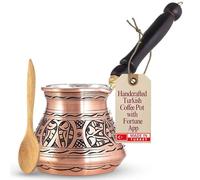 Erbulus Cafetera turca árabe griega de cobre de 12 onzas con aplicación Fortune y mango de madera (4 tazas), cafetera griega Cezve, Ibrik, Briki, cafetera turca martillada