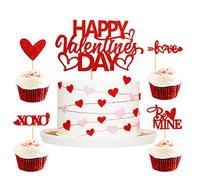Ercadio Paquete de 25 adornos rojos con purpurina para cupcakes con diseño de corazón con texto en inglés "Happy Valentine's Day", decoración para decoración de tartas para el día de San Valentín,