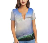 ERCgad Camiseta de manga corta con cuello en V y estampado de cascada y arco iris, transpirable, ligera, para mujer, casual, oficina, viajes, Negro, XXL