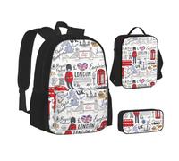 ERCgad I Love London - Juego de mochilas escolares 3 en 1 de lona con estampado de Londres, mochila y estuche para lápices para hombres y mujeres