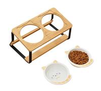 Erconsso Cuenco elevado para gatos | Cuencos para gatos de interior elevados - Plato doble de cerámica con base de madera antideslizante, inclinado para mascotas, cachorros, apartamentos, ciudad