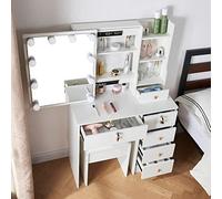 Erganza Toeletta da Trucco con Specchio e Luci LED, Luminosità Regolabile, Tavolo da Trucco con 6 Cassetti, 4 Ripiani, 1 Sgabello, Bianco, Negro, 80x36x131 cm