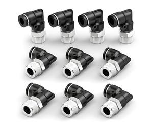 ERGAOBOY 10 piezas de accesorios de conexión rápida neumáticos con tubo de 8 mm de diámetro exterior x rosca BSP de 3/8", codo macho de 90 grados, negro