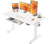 ErGear Mesa Escritorio Elevable 140 x 80 cm, Escritorio Elevable con 4 Memorias Inteligentes & Cajones, Diseño en T para Mayor Estabilidad, Tablero de Mesa con Ensamblaje, Marco y Superficie Blancos