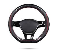 Ergocar Funda Volante De Coche Antideslizante Volante De Coche Protector Forma De D Fibra de Carbono & Piel de Vaca de Primera Capa para Diámetro 38cm (15 ") (D-Negro-Rojo)