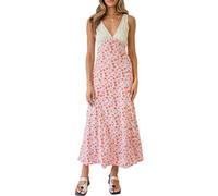 ERGRFHNL Women Y2k Floral Deep V Neck Maxi Dress, Women Y2k Floral Sleeveless Dress, Party Beach Summer Sundress (M,Pink)