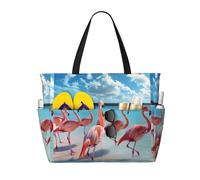 ERhoug Bolsa de playa grande con estampado de flamencos rosas en la playa, bolsa de viaje impermeable y resistente a la arena para mujer con cremallera y bolsillo húmedo