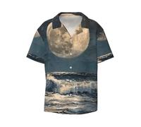 ERhoug Camisa de manga corta con botones para hombre con estampado de luna y mar, Negro, 3XL