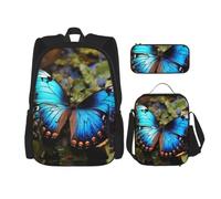 ERhoug Mochila, bolsa de almuerzo, estuche para lápices, juego de 3 piezas | Hermoso estampado de mariposa azul, tela Oxford resistente, bolsa de libros, bolsa de almuerzo, mochila para laptop
