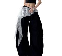 ERHTGUO 2pc Jeans Pants Decor Embroidered Flower Lace Mini Skirt Irregular See Through Ruched Skirts High Waist Harajuku Pleated(White-A)