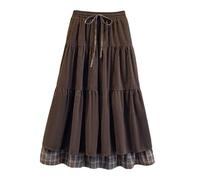 ERHTGUO A-Line Midi Skirt High Waist Dstring Plaid Splicing Slimming Cake Korean Casual Wear(Brown,4xl recommended 120-150kg)