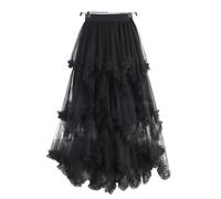 ERHTGUO Autumn Winter Irregular Cake Tulle Skirt Women Sweet Midi Long High Waist A Line Female Mesh Party Lady(Black)