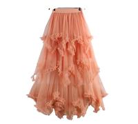 ERHTGUO Autumn Winter Irregular Cake Tulle Skirt Women Sweet Midi Long High Waist A Line Female Mesh Party Lady(Orange)