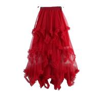 ERHTGUO Autumn Winter Irregular Cake Tulle Skirt Women Sweet Midi Long High Waist A Line Female Mesh Party Lady(Red)