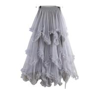 ERHTGUO Autumn Winter Irregular Cake Tulle Skirt Women Sweet Midi Long High Waist A Line Female Mesh Party Lady(Grey)