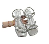 ERHTGUO Elegant Fairy Wind Diamond Sensation Open-Toe Sandals Women's Summer French Style Thick Heel Square Head High Heels(Silver,38)