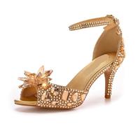 ERHTGUO Fish Mouth High Heel Sandals With Shallow Flat Button Strap Large Round Head Crystal Rhinestone Slim Sandal(42)