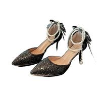 ERHTGUO French Pointy Shallow Mouth Temperament Elegant Sequin Bow High Heels Women's Fine Heel Pearl Line with A Single Shoe(Black7cm,39)