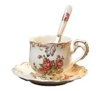 ERHTGUO Ivory Porcelain Coffee Cups And Saucers Set Vintage Floral Painted Rose Household Breakfast Cup Ceramic Afternoon Teacup(Color 1)