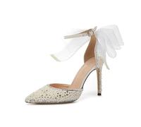ERHTGUO Mesh Bowout Pearl Rhinestone Sexy Sandals Women's Buckle Pointed High Heels Banquet Wedding Bride Bridesmaid Single Shoes(CH022 Beige,Color 78)